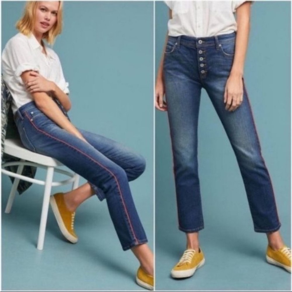 Pilcro Anthropologie Relaxed Straight Jeans with Red Side Stripe sz 26